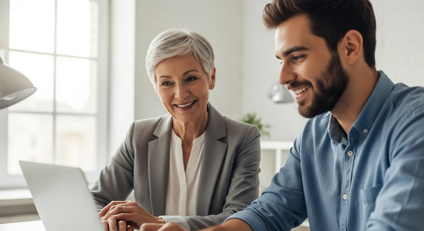 Uma mulher sênior e um homem mais jovem estão sentados lado a lado em um escritório, olhando para um laptop.
