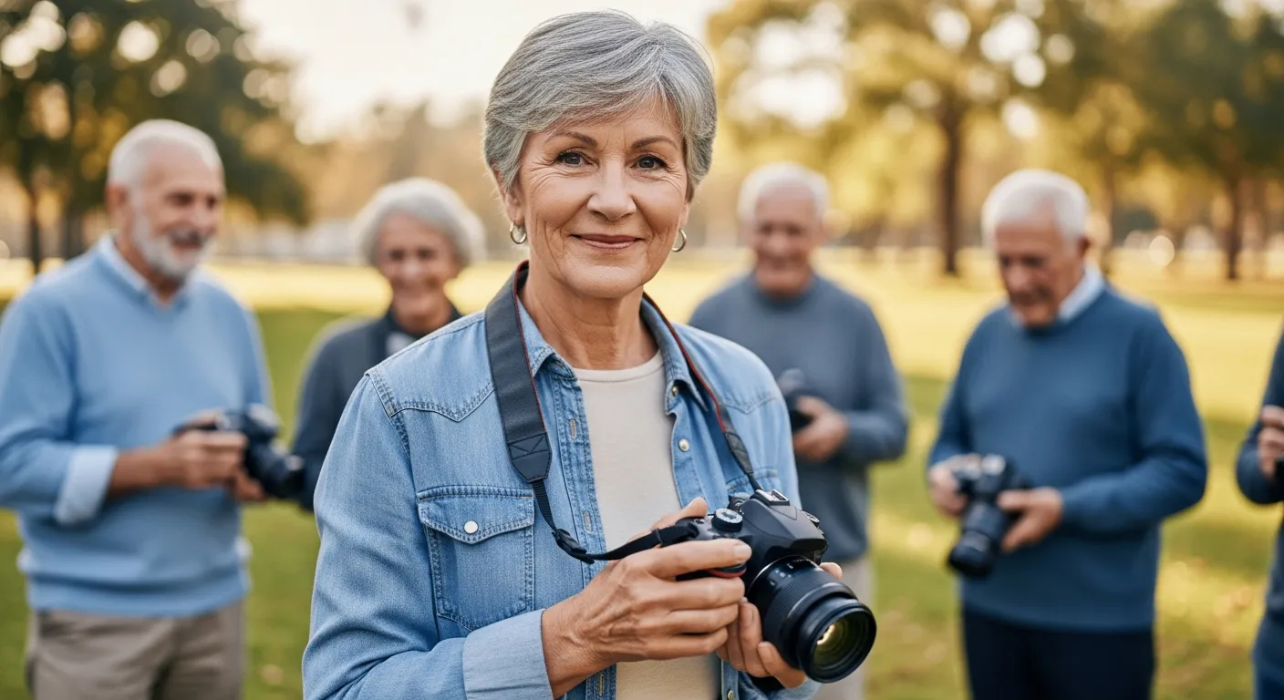 Una mujer mayor sonríe mientras sostiene una cámara en un club de fotografía.