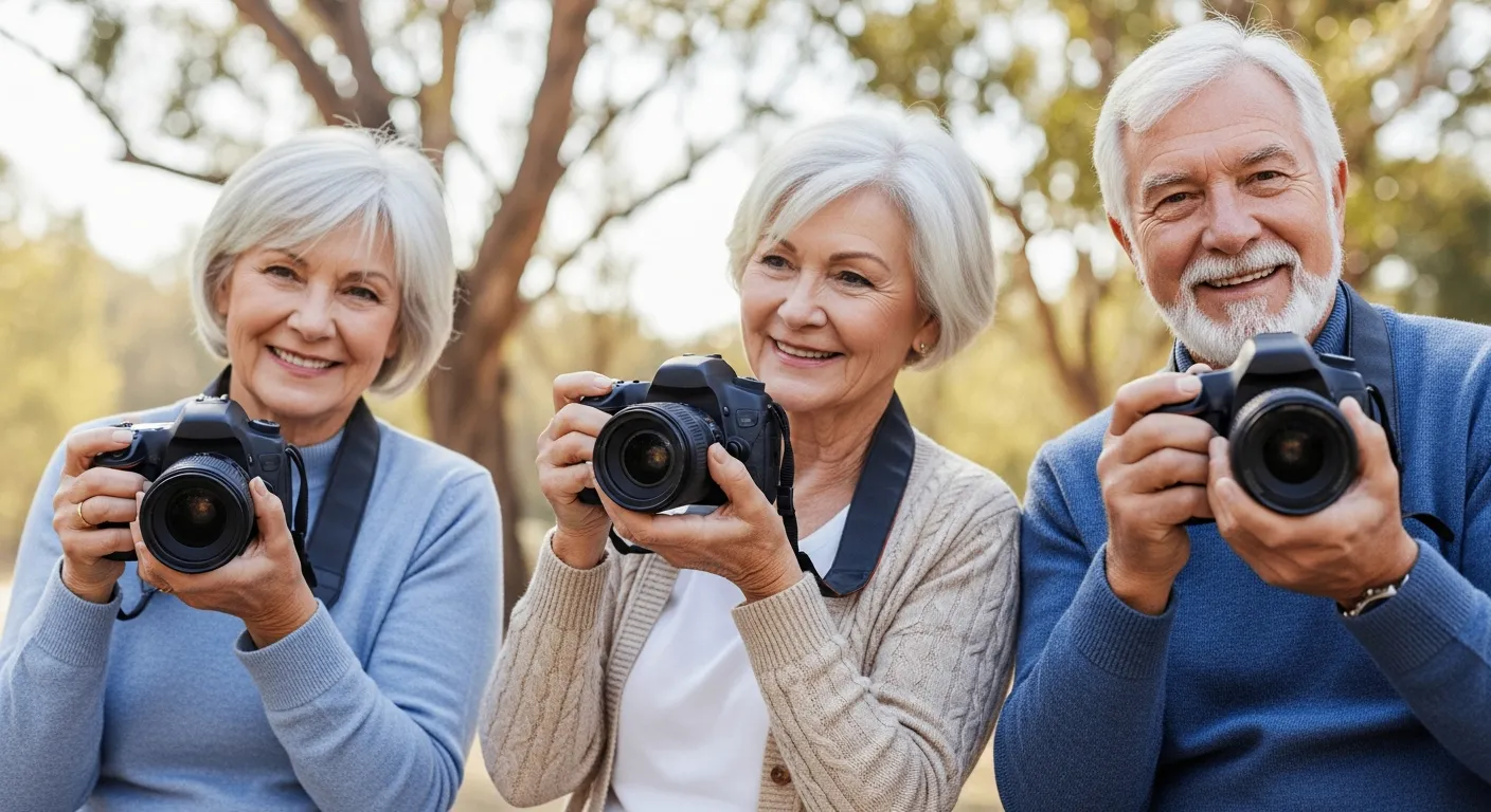 Tres adultos mayores, dos mujeres y un hombre, participan en un club de fotografía al aire libre.