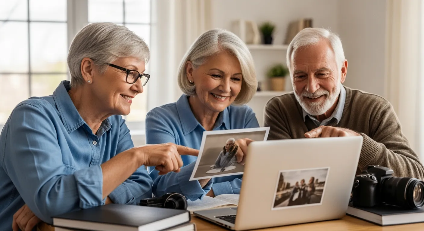 Un groupe de seniors regarde des photos sur un ordinateur portable dans un salon lumineux.