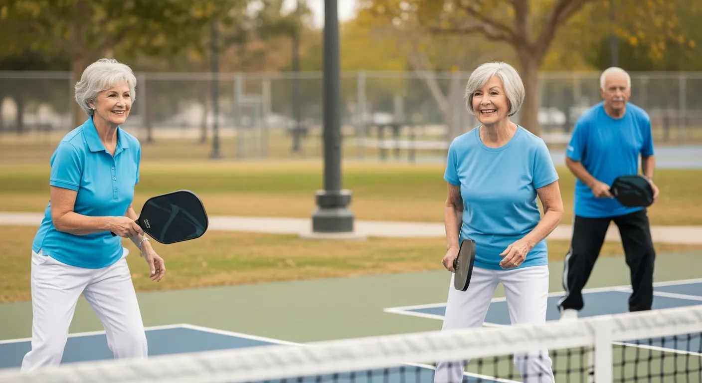 Cuatro personas mayores jugando al pickleball en una cancha al aire libre.
