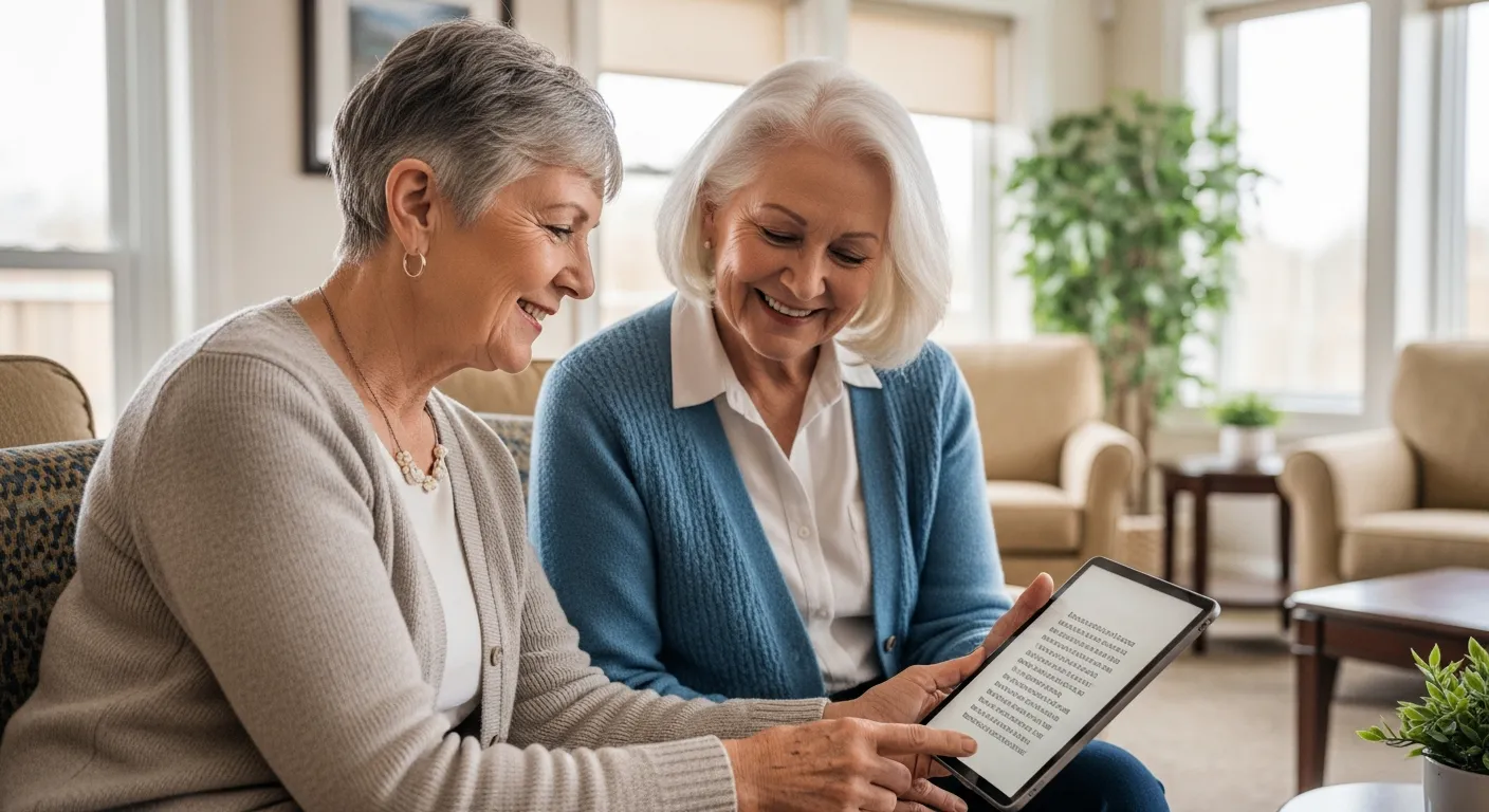 Duas mulheres idosas sorrindo enquanto leem um texto religioso em um tablet.