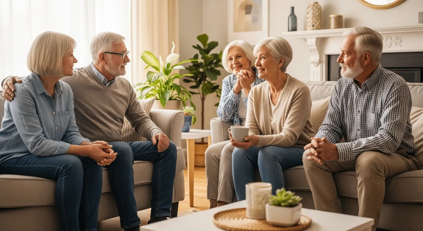 Un grupo de adultos mayores conversando amigablemente en una sala de estar luminosa.