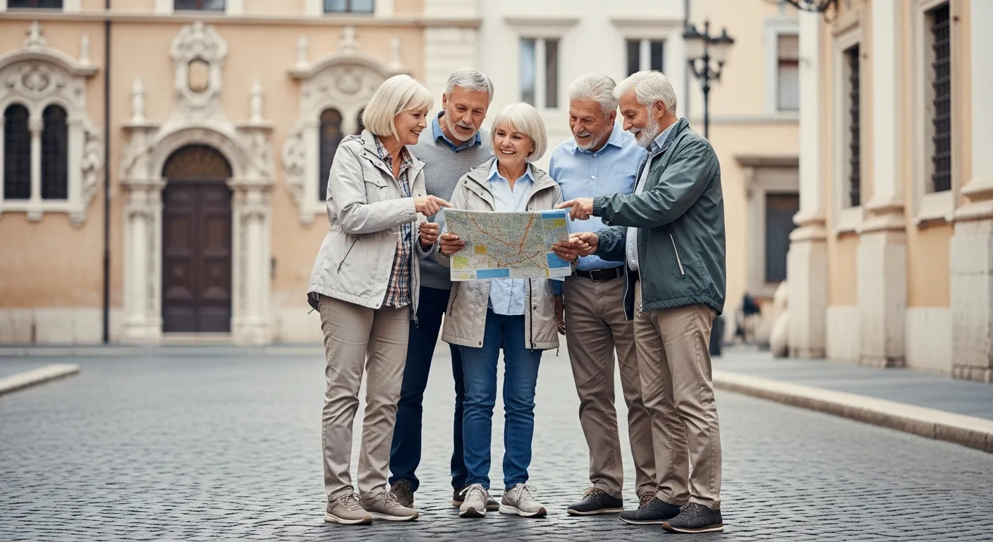 Cuatro adultos mayores observan un mapa en una calle empedrada de una ciudad europea.