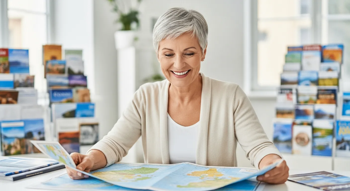 Uma senhora sorri enquanto observa um mapa mundi em uma agência de viagens.