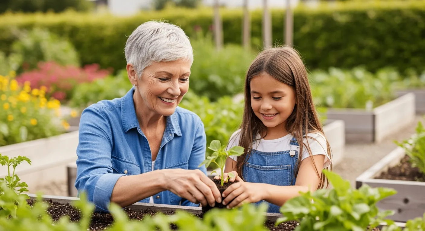 Senior woman helps a young girl plant a flower in a garden.