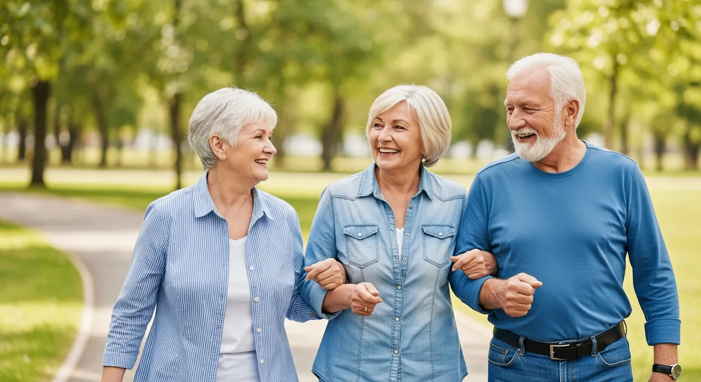 Tres adultos mayores caminan juntos en un parque soleado.