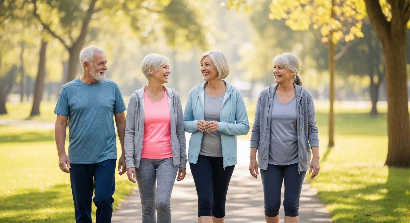 Un grupo de adultos mayores caminan juntos en un parque soleado.