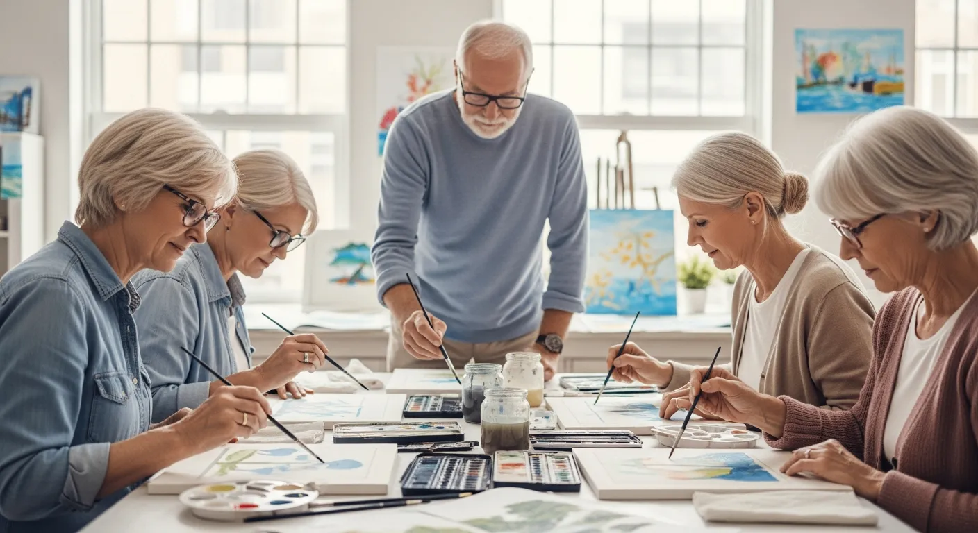 Un grupo de adultos mayores pintando con acuarelas en un estudio de arte luminoso.