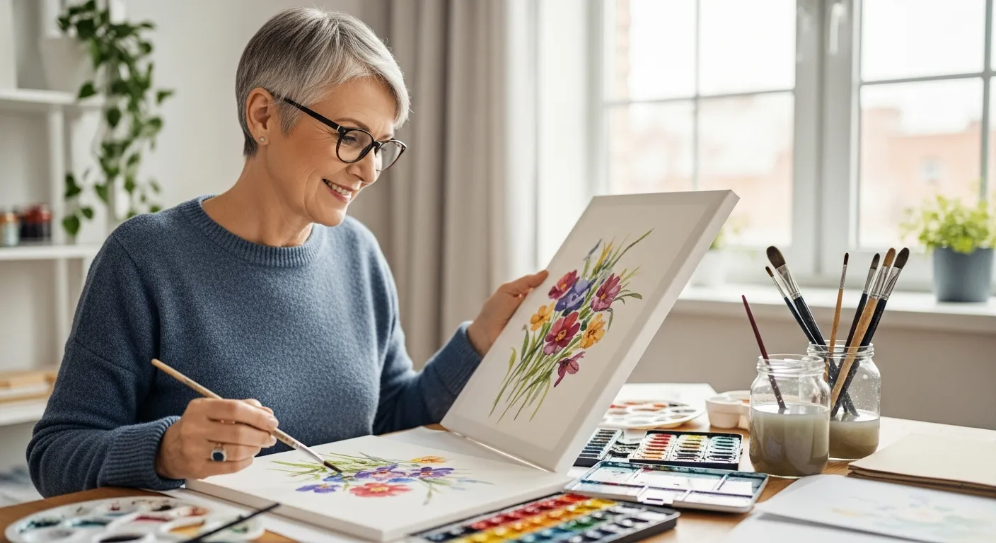 Una mujer mayor pinta un cuadro en una clase de arte.