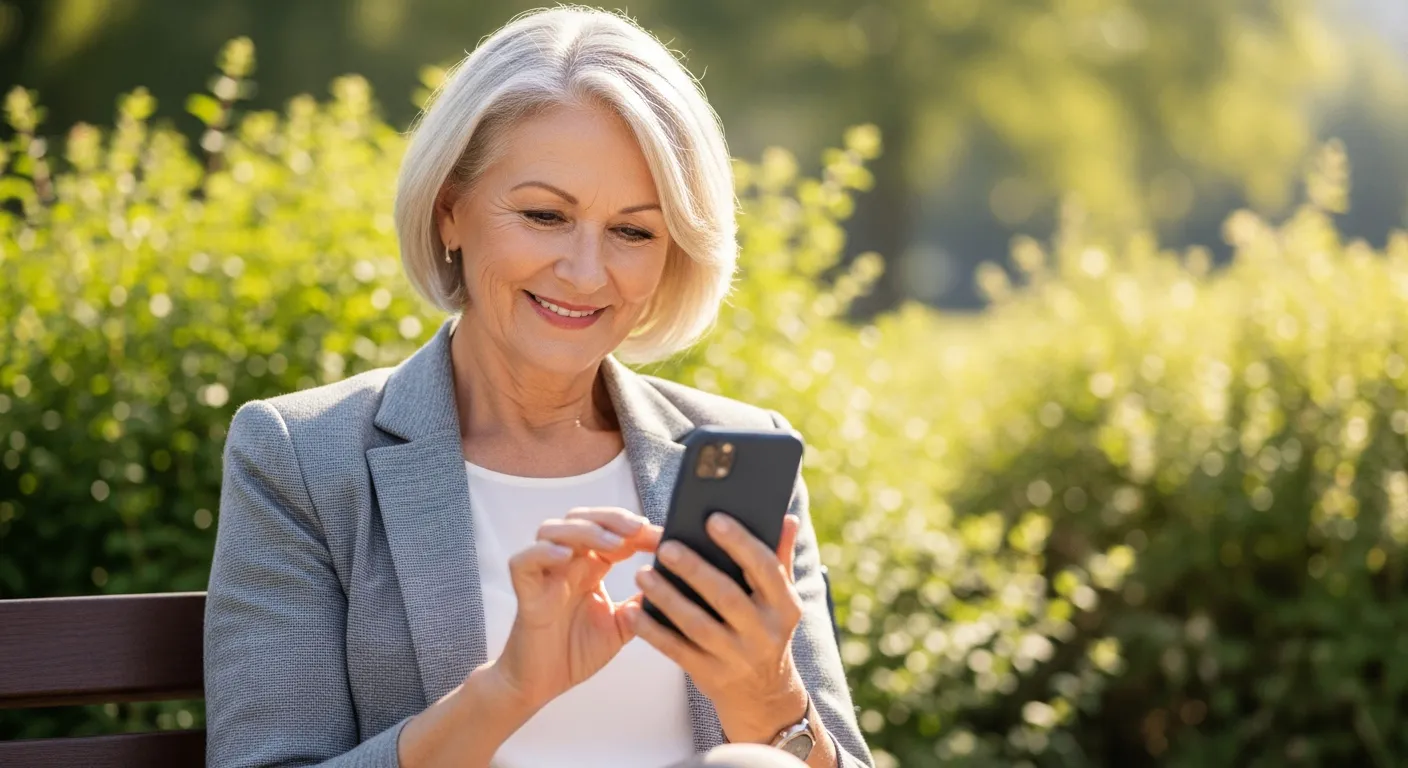 Mulher idosa sorrindo enquanto usa um aplicativo de encontros no celular.