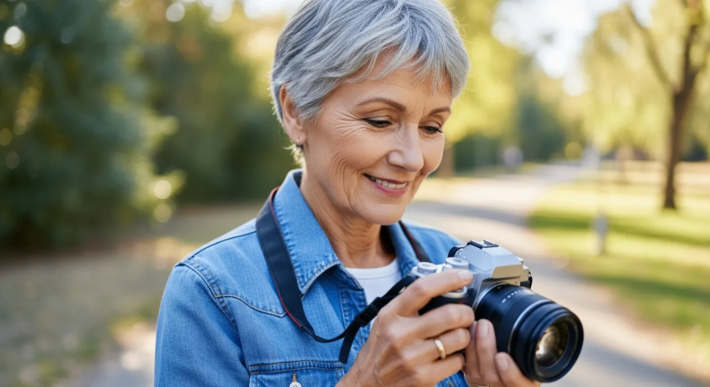 Seniore fotografiert mit einer Digitalkamera im Park