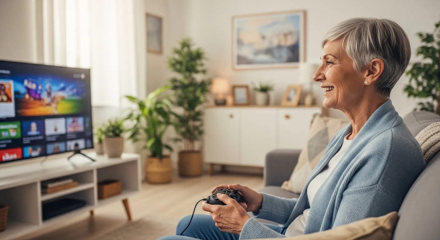 Mulher idosa sorrindo enquanto joga videogame em um console moderno.