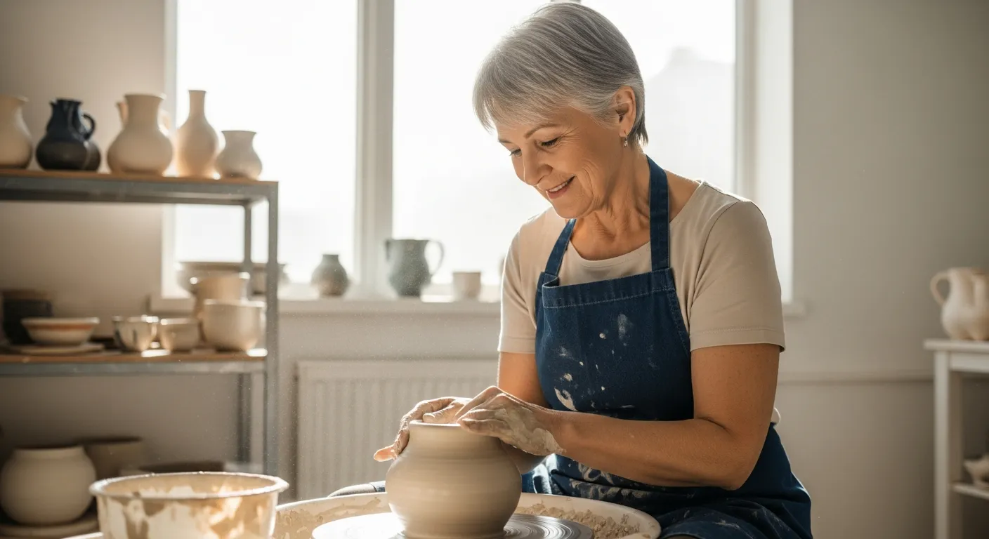 Une femme âgée travaille l'argile sur un tour de potier dans un atelier lumineux.