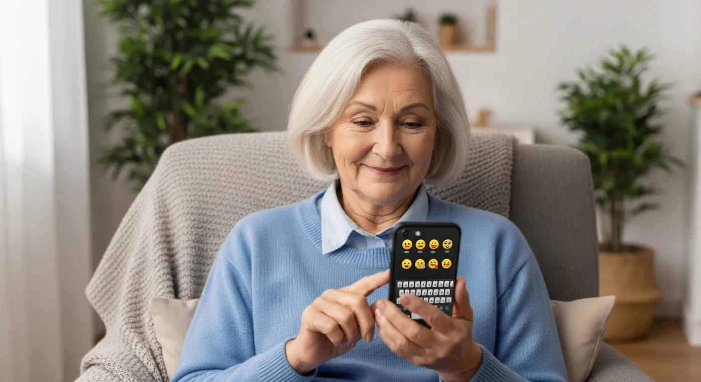 Seniorengerechte Frau benutzt Emojis auf ihrem Smartphone.