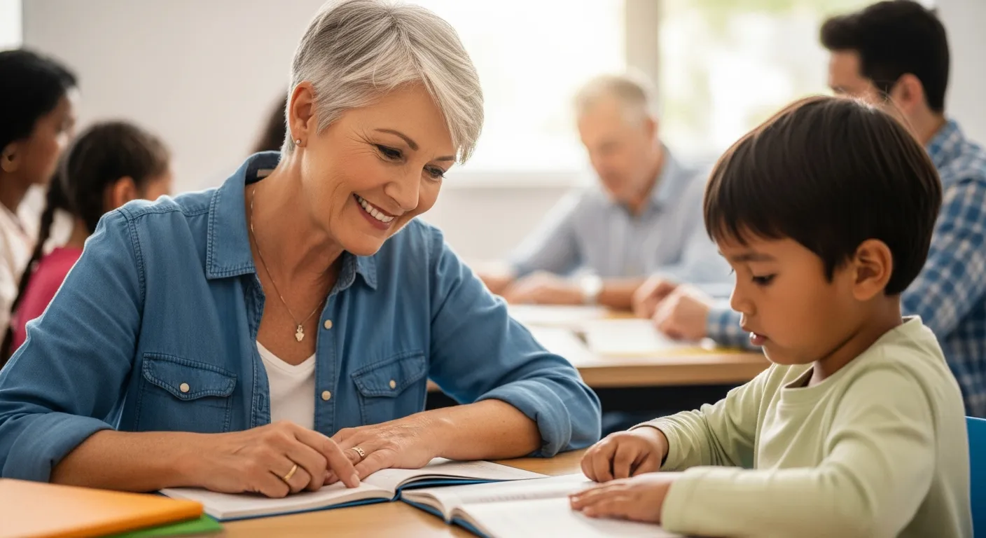 Voluntária sénior a ajudar uma criança a ler num centro comunitário.