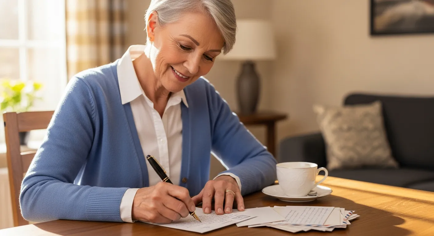 Uma mulher idosa sorrindo enquanto escreve uma carta em sua casa.