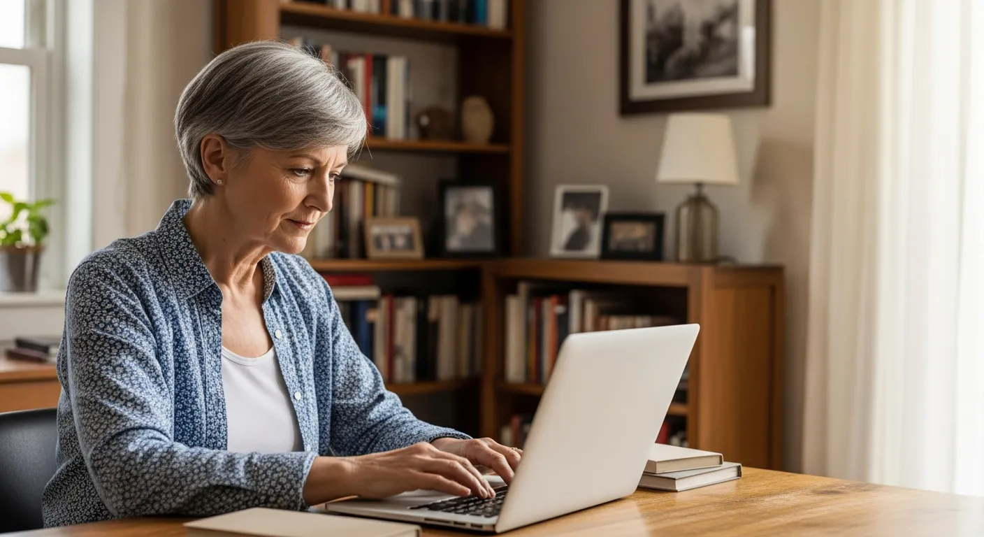 Senior woman writing on a laptop in her home office.