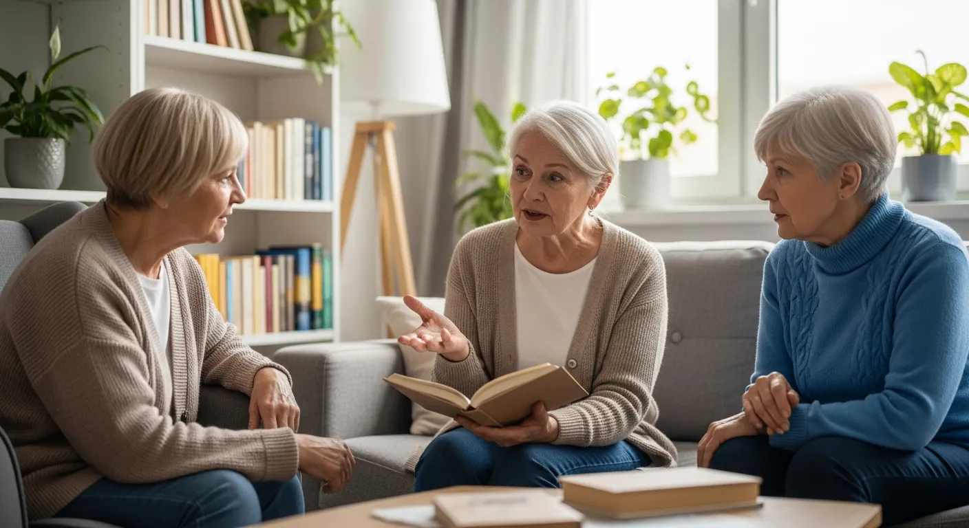 Três mulheres seniores reunidas numa sala de estar, discutindo sobre um livro.