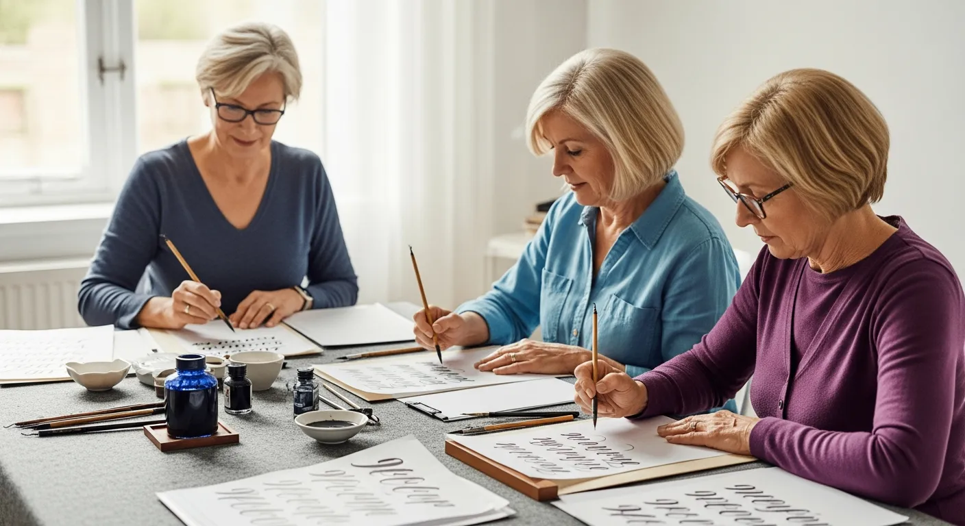 Tres mujeres mayores aprenden caligrafía en una clase.