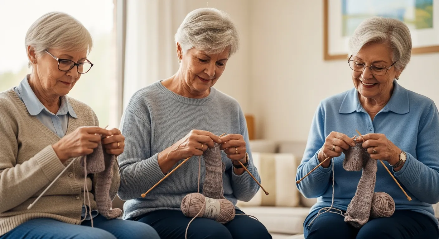 Tres mujeres mayores están sentadas juntas en un centro comunitario, tejiendo. Están concentradas en sus proyectos de tejido.