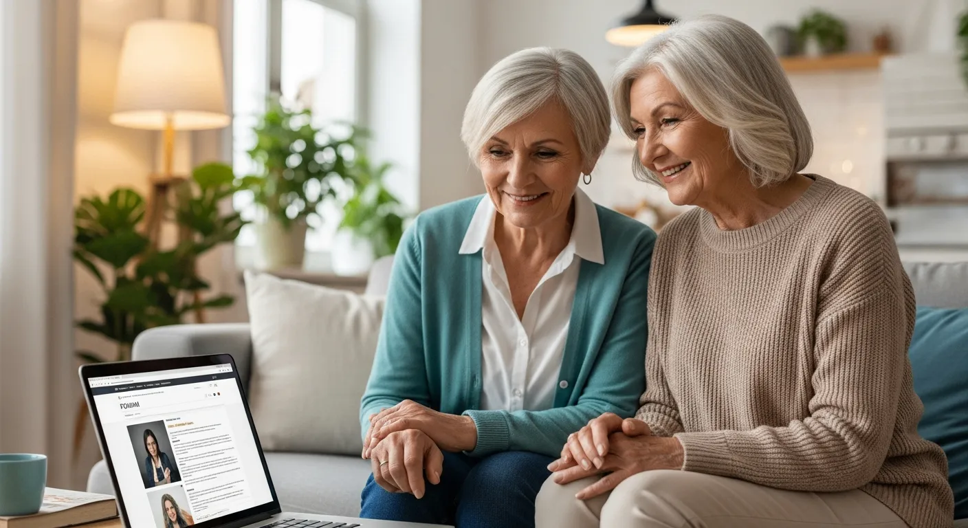 Two senior women using a laptop to connect with peers online.