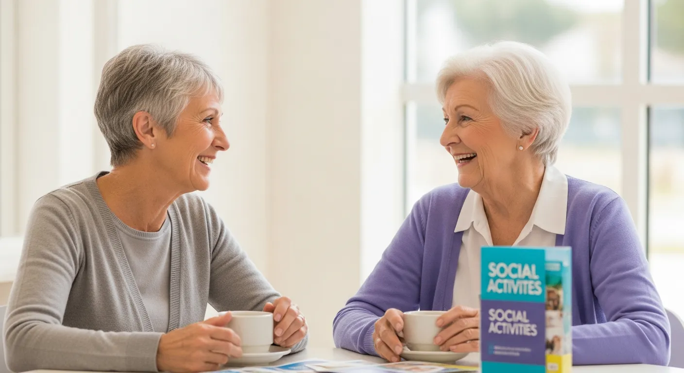 Duas mulheres idosas conversando em um centro comunitário.
