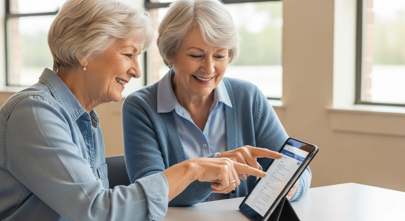 Two women are looking at a tablet screen.