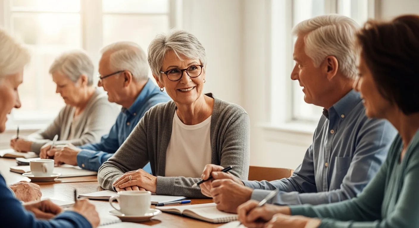 Uma mulher idosa e um homem idoso sentados à mesa escrevendo em um grupo de escrita.