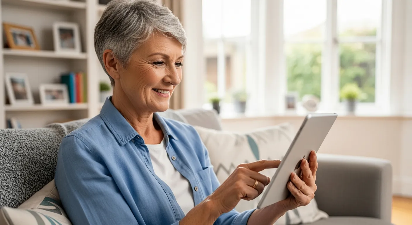 Senior woman using a tablet to video call her family.