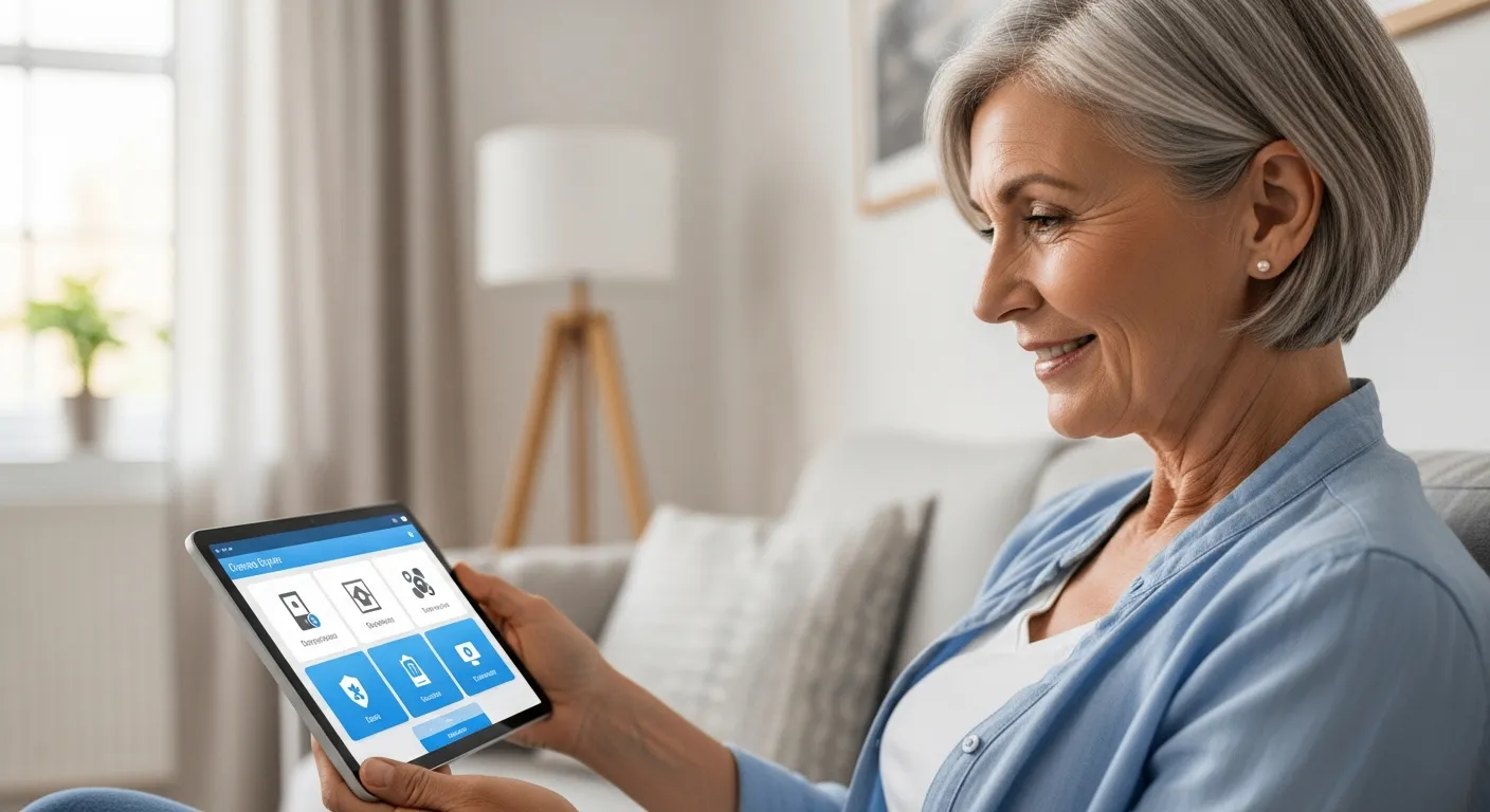 Mulher idosa sorrindo enquanto olha para um tablet mostrando um sistema de segurança residencial inteligente.