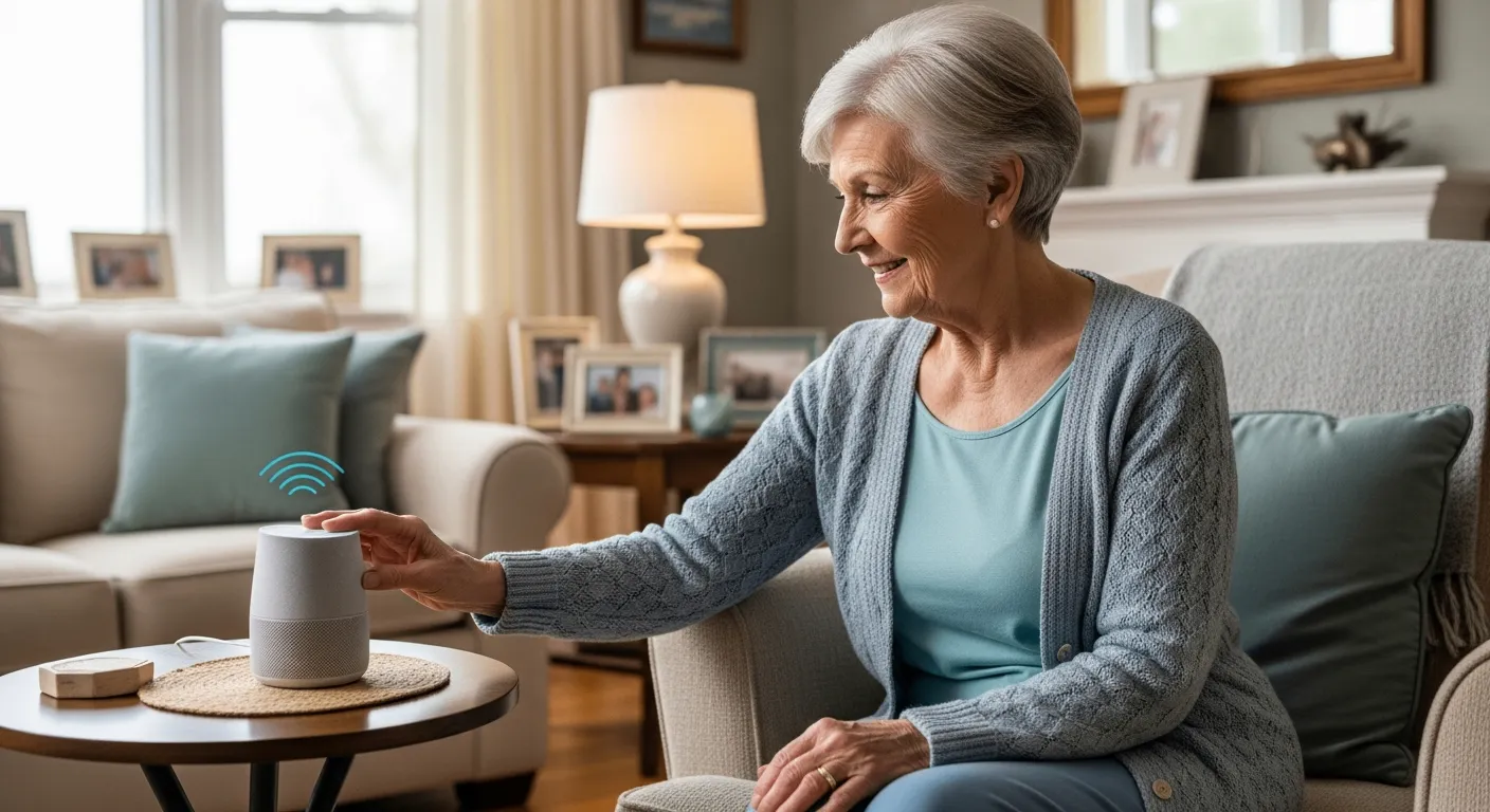Senior woman using a smart speaker in her living room.