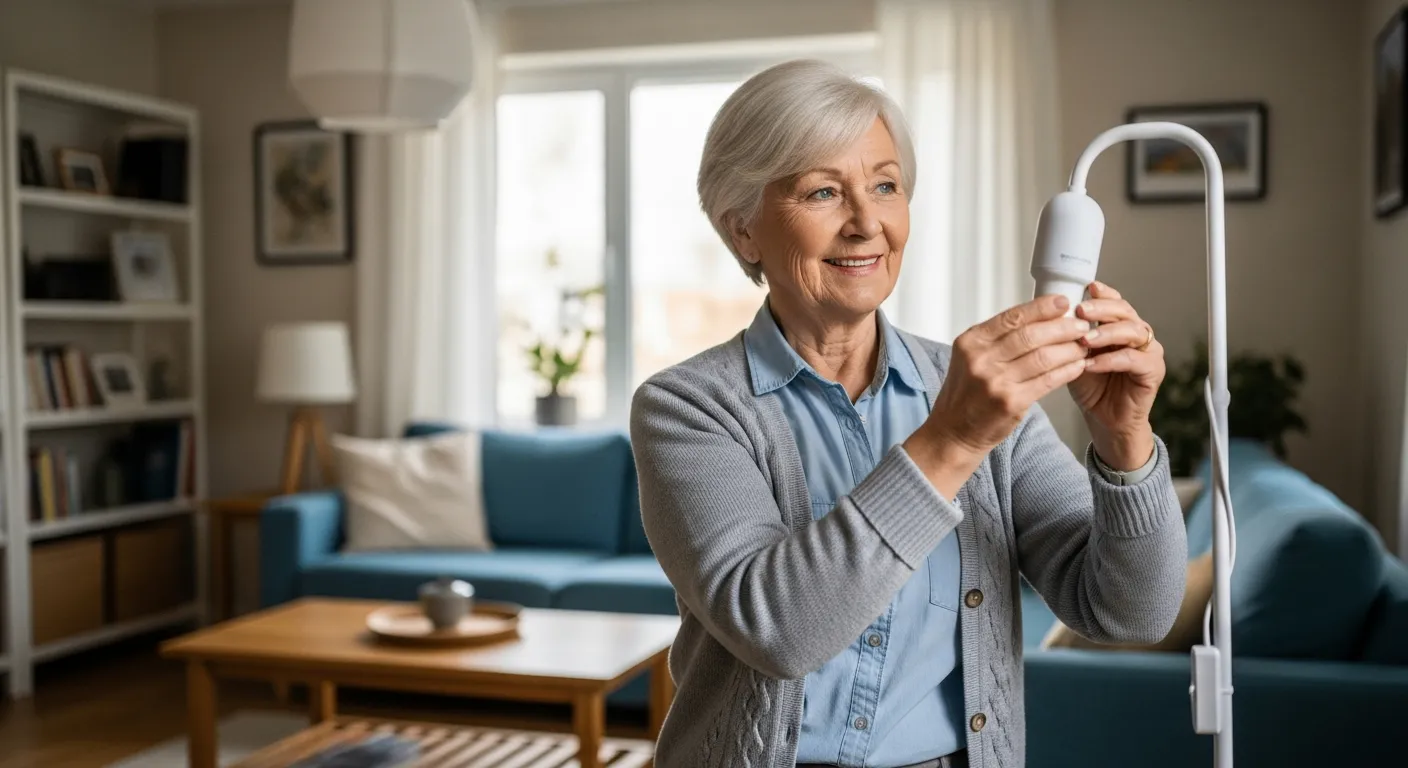 Una mujer mayor ajusta una bombilla inteligente en una lámpara de pie en su sala de estar.