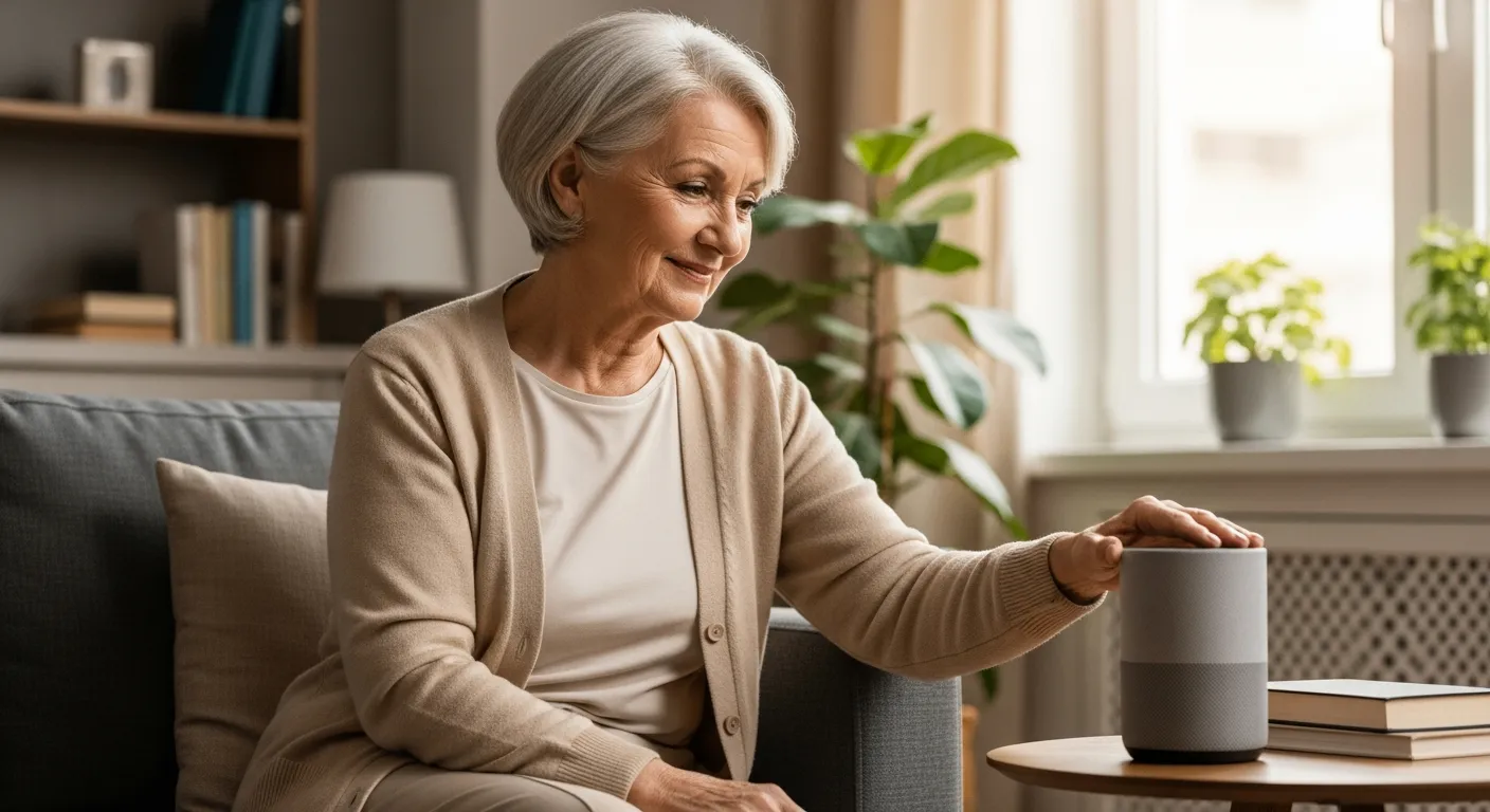 Senior woman using a smart speaker in her living room.