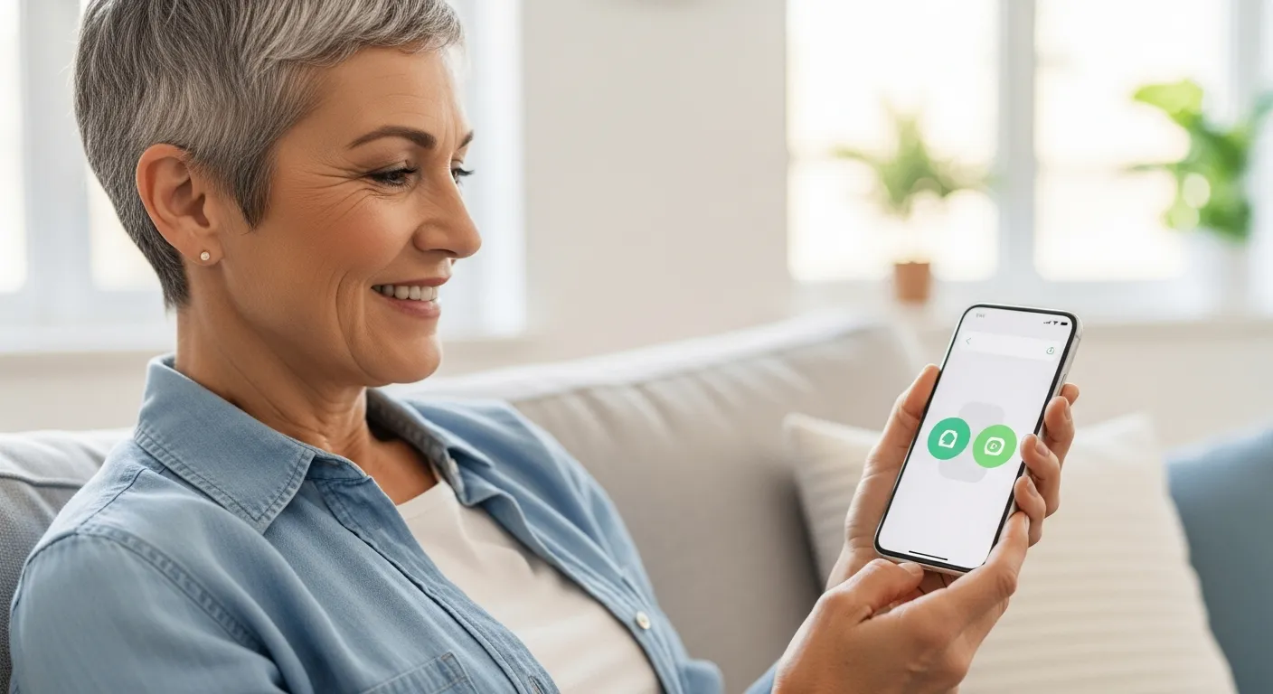 Mature woman using a smartphone with a simplified interface in her living room.