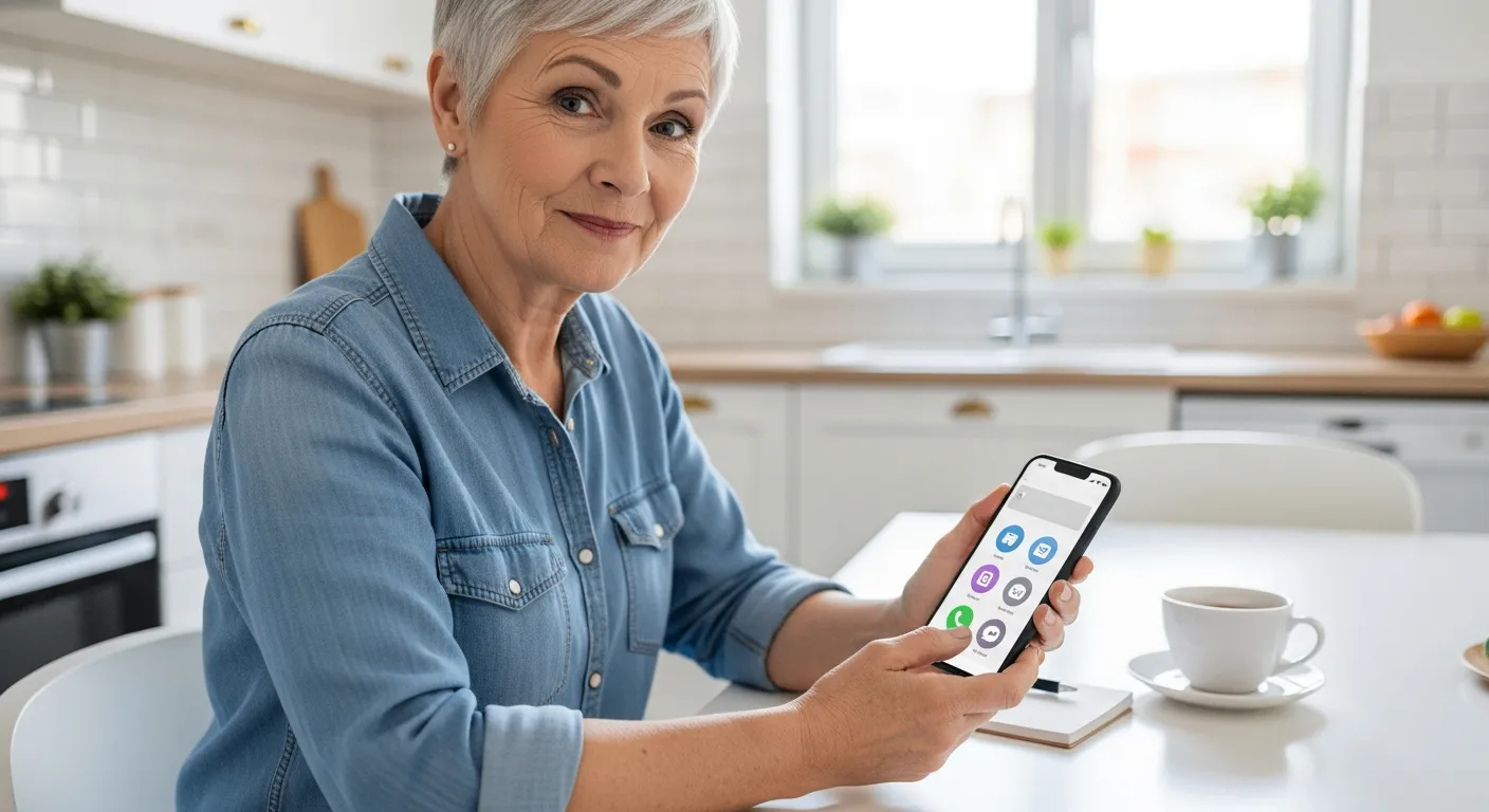 Senior woman using a smartphone at her kitchen table.
