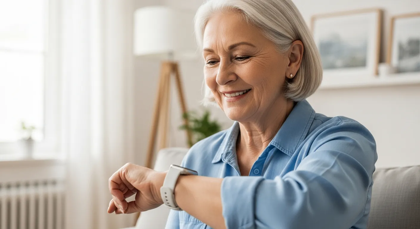 A woman looks at her smartwatch in her living room.