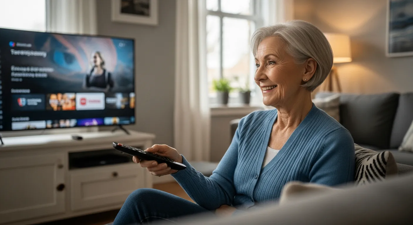 Senior woman using a remote control to watch streaming entertainment on her smart TV.