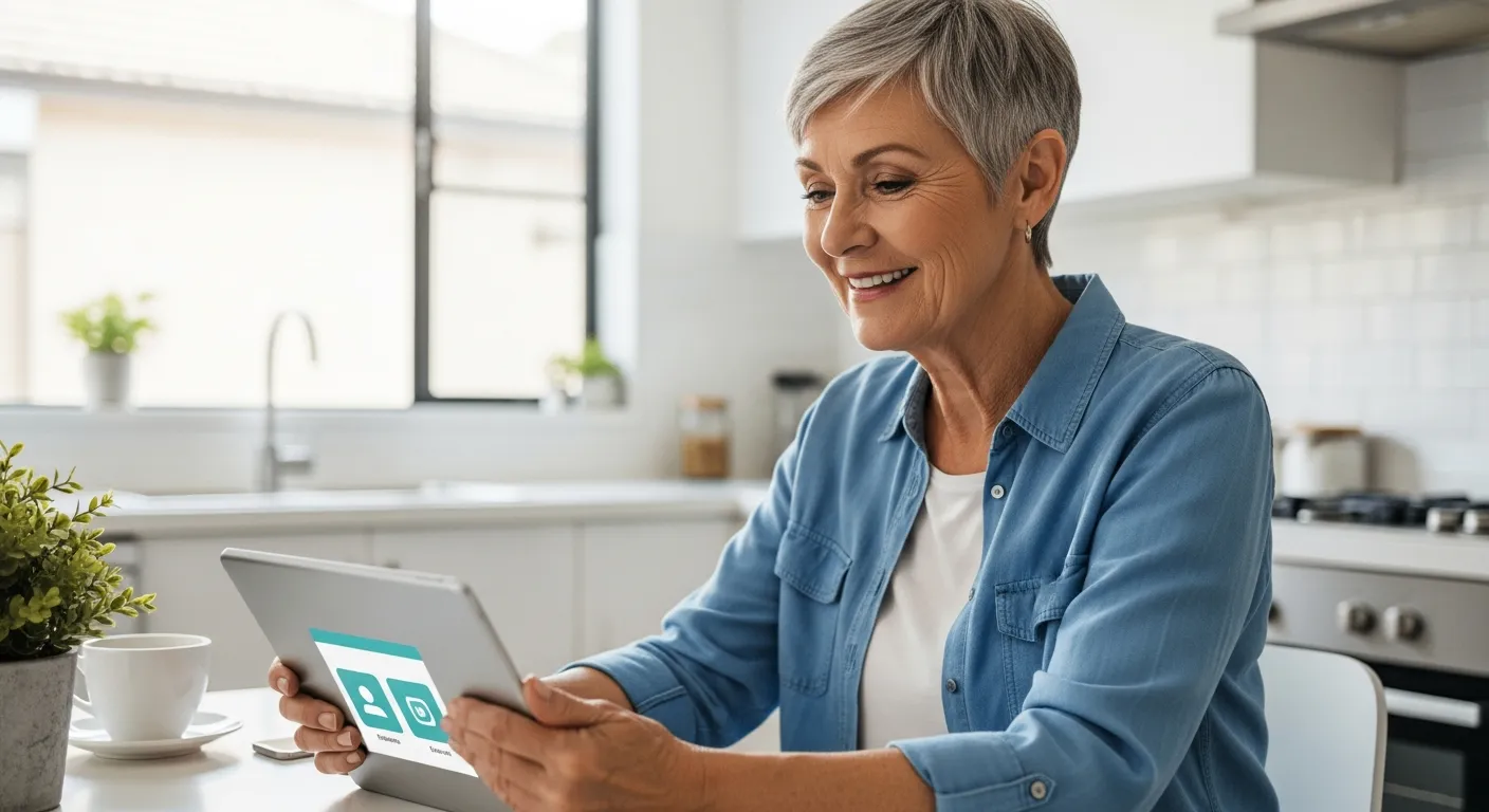 Mujer mayor usando una tableta en la cocina.