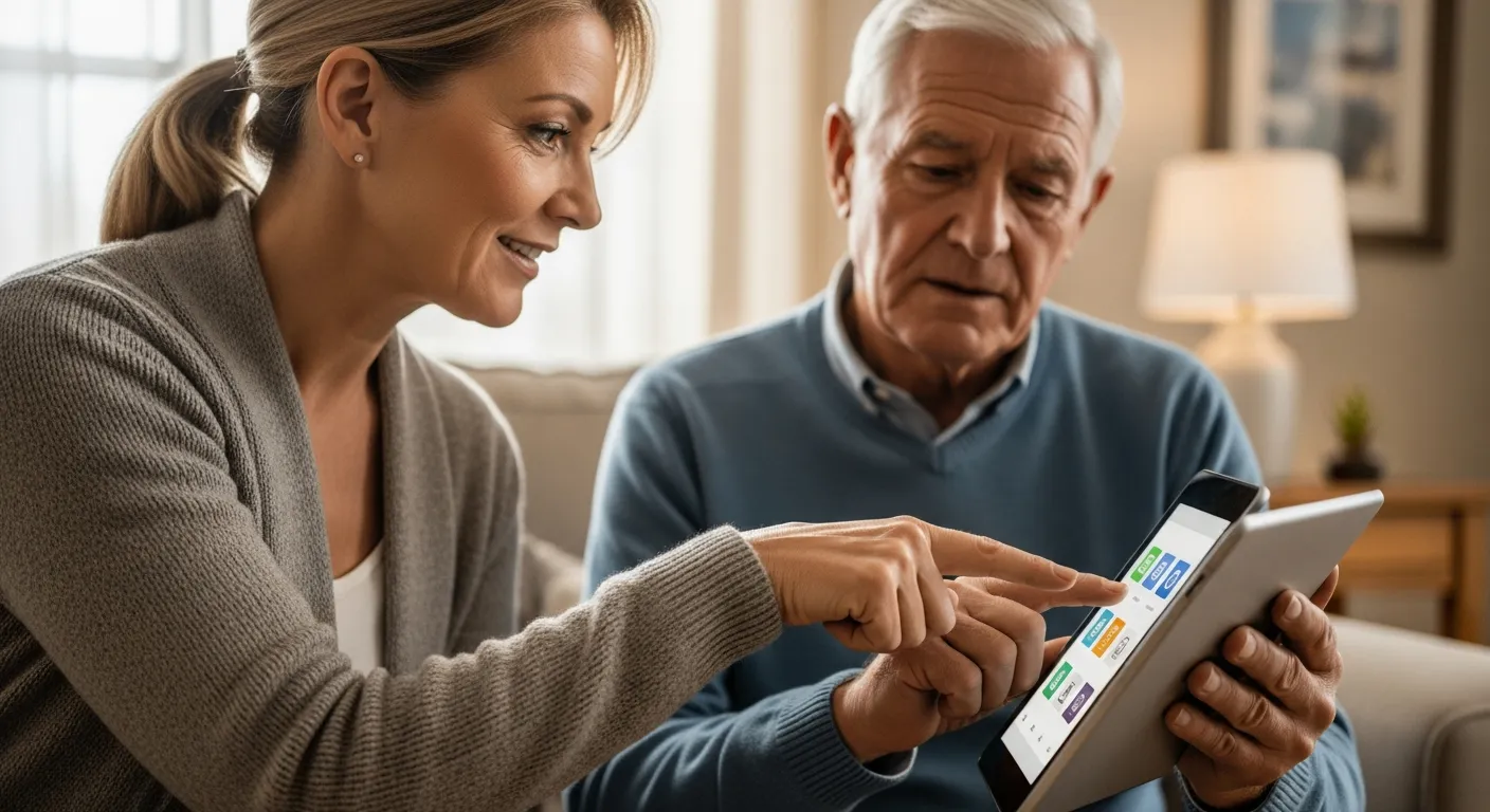 Uma mulher ajuda um homem sênior a usar um tablet em casa.