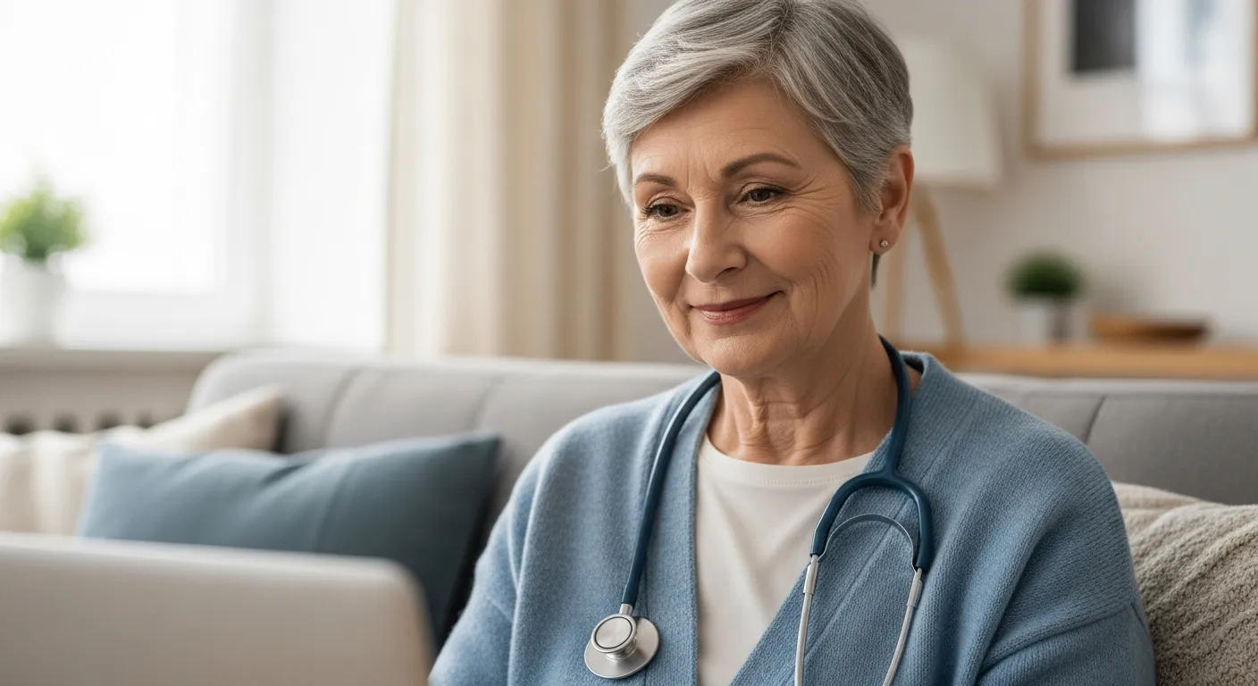 Senior woman using telehealth on her laptop at home