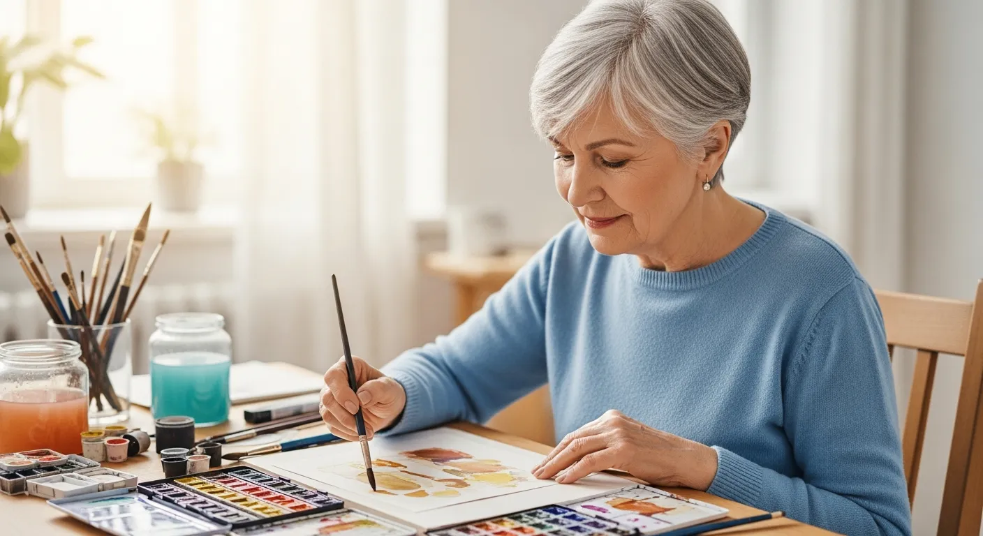 Una mujer mayor pinta con acuarelas en un estudio de arte.