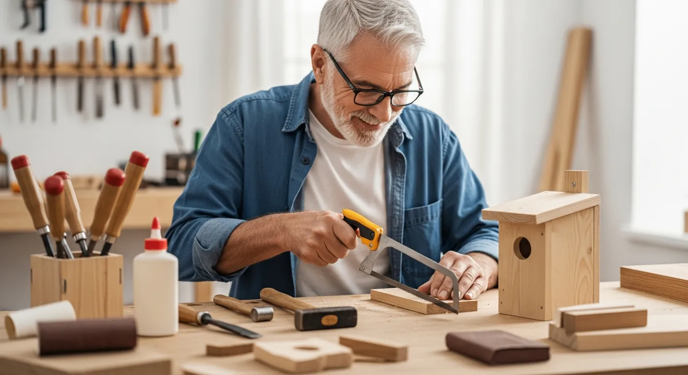 Homem sênior trabalhando em um projeto de carpintaria em sua oficina.