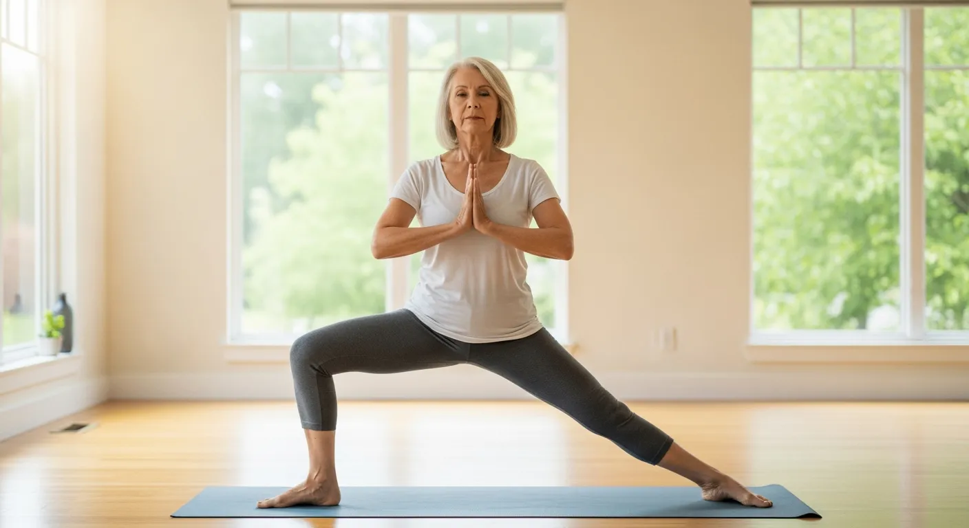 A woman practices yoga in a studio.